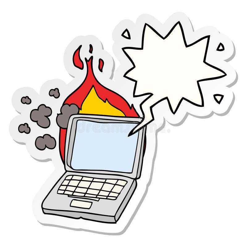 A creative cartoon broken laptop computer and speech bubble sticker