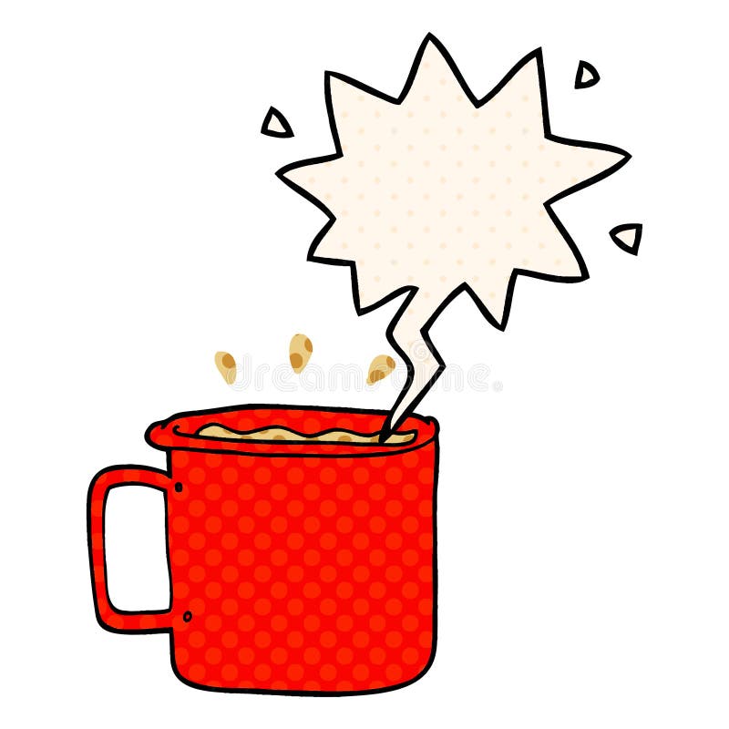 A creative cartoon camping cup of coffee and speech bubble in comic book style