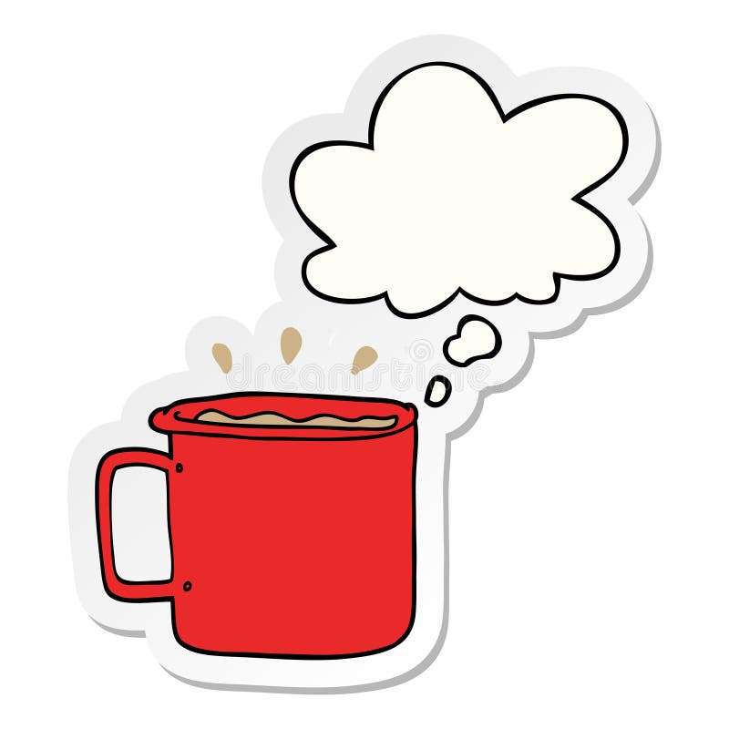 A creative cartoon camping cup of coffee and thought bubble as a printed sticker