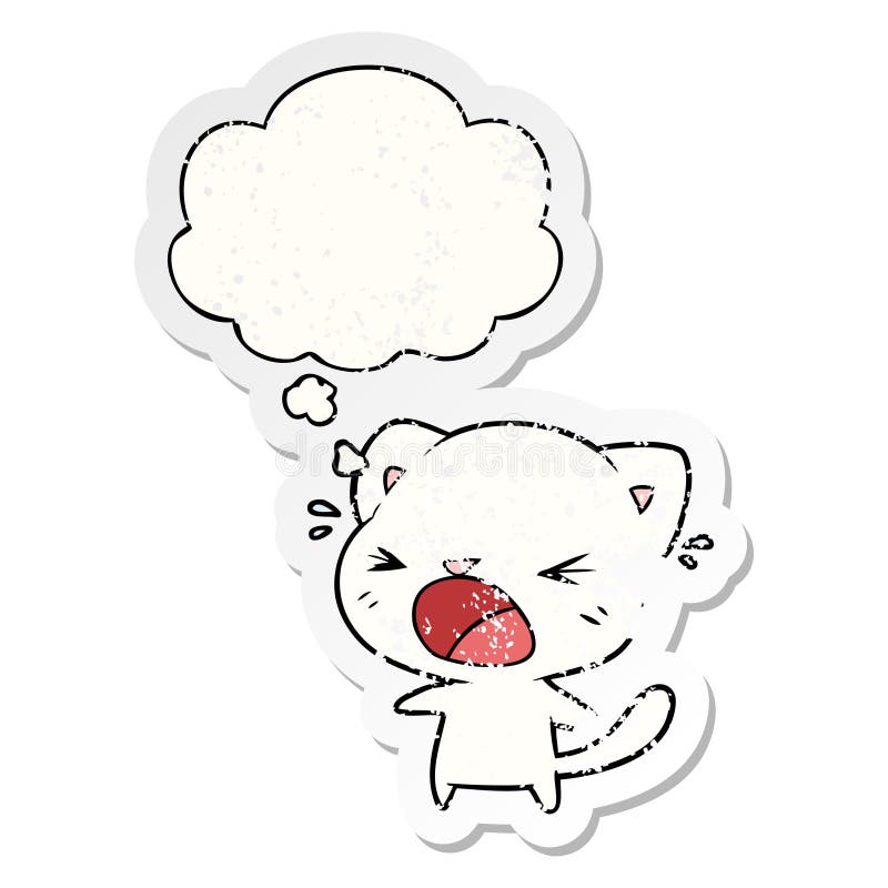 A creative cartoon cat crying and thought bubble as a distressed worn sticker