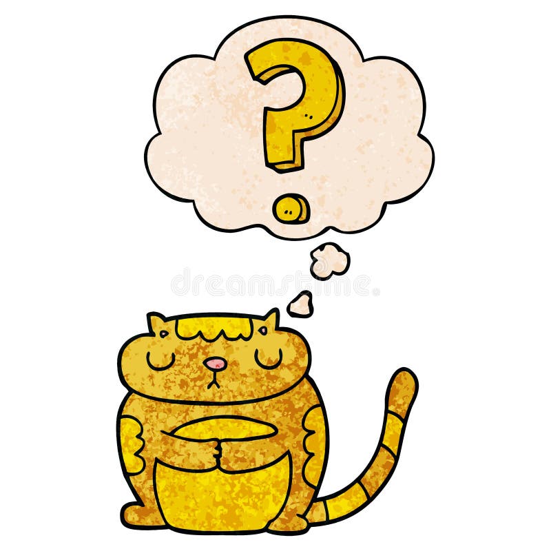 A creative cartoon cat with question mark and thought bubble in grunge texture pattern style