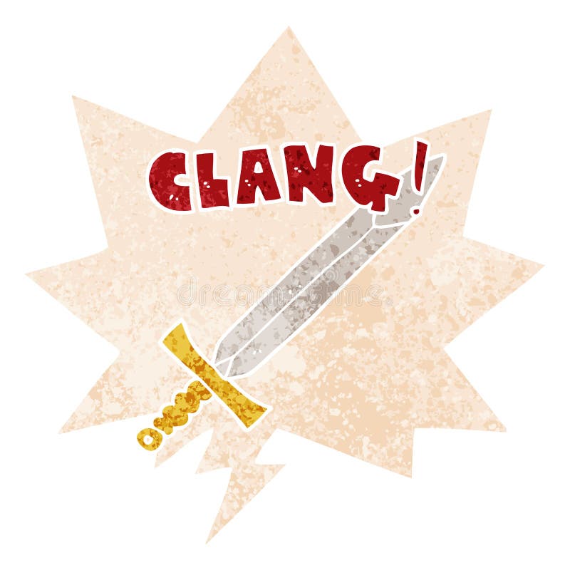 A Creative Cartoon Clanging Sword and Speech Bubble in Retro Textured