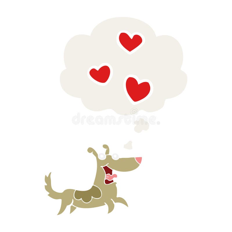 A creative cartoon dog with love hearts and thought bubble in retro style