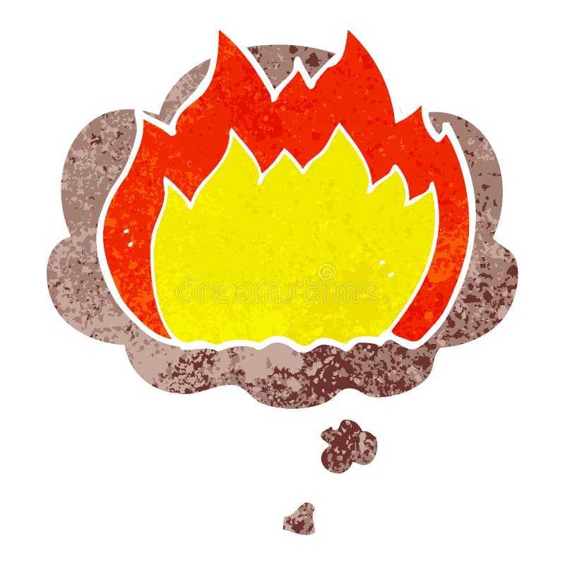 A creative cartoon fire and thought bubble in retro textured style