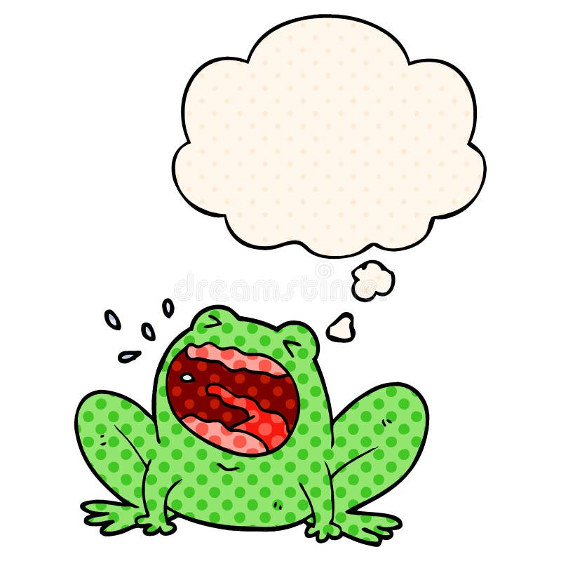 A creative cartoon frog shouting and thought bubble in comic book style