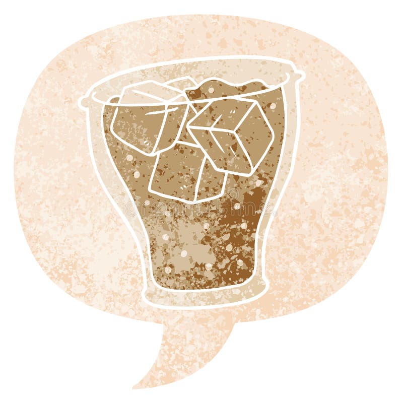 A creative cartoon glass of cola and speech bubble in retro textured style