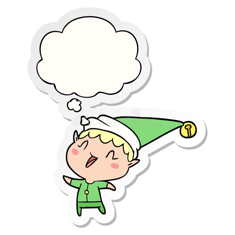 A creative cartoon happy christmas elf and thought bubble as a printed sticker