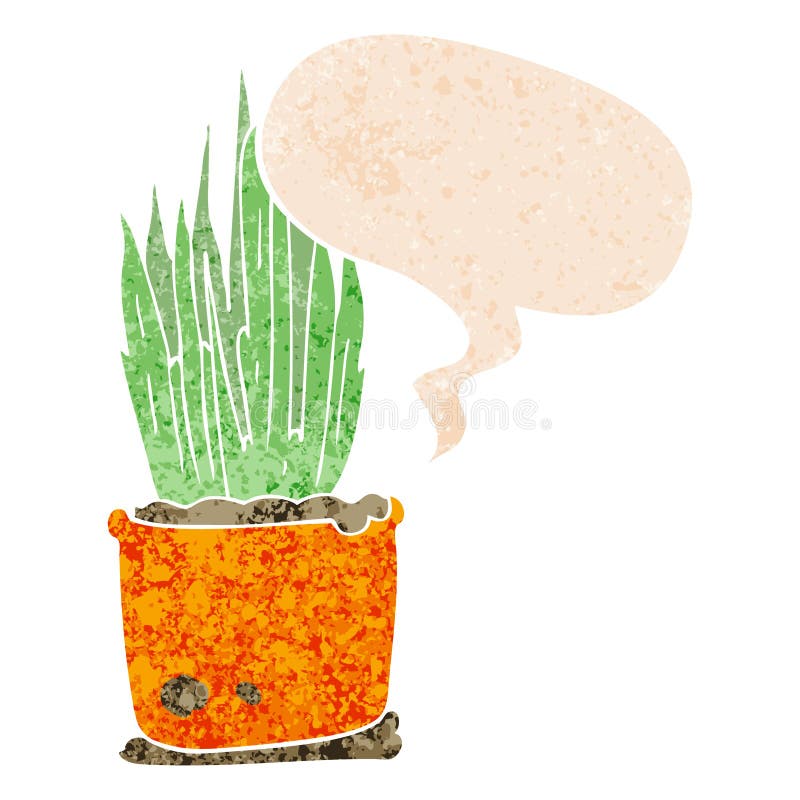 A creative cartoon house plant and speech bubble in retro textured style