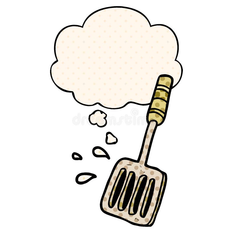 A creative cartoon kitchen spatula and thought bubble in comic book style