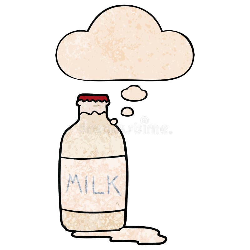 A creative cartoon milk bottle and thought bubble in grunge texture pattern style