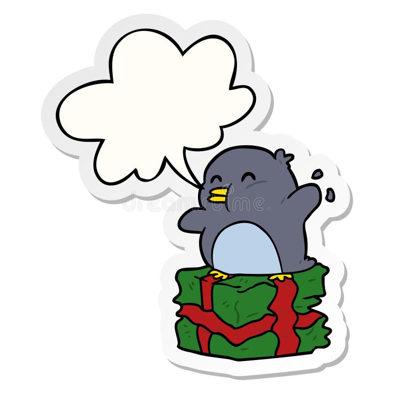 A creative cartoon penguin on wrapped present and speech bubble sticker