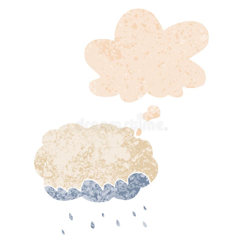 A creative cartoon rain cloud and thought bubble in retro textured style