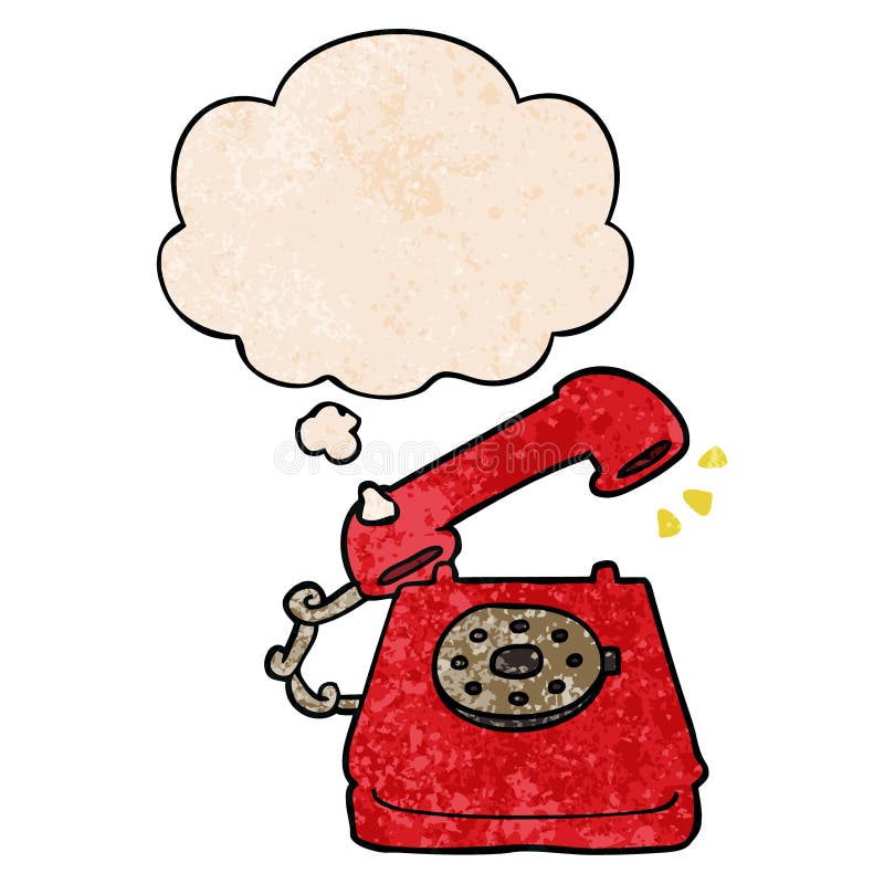 A creative cartoon ringing telephone and thought bubble in grunge texture pattern style