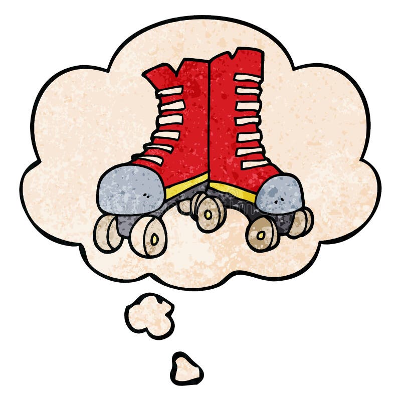 A creative cartoon roller boots and thought bubble in grunge texture pattern style