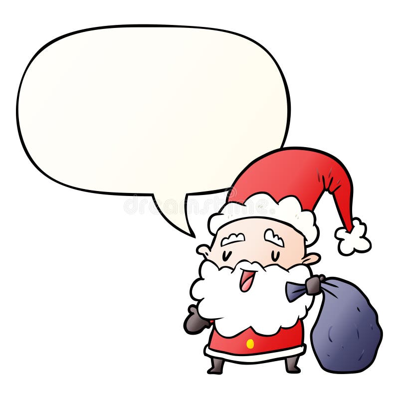 A creative cartoon santa claus carrying sack of presents and speech bubble in smooth gradient style