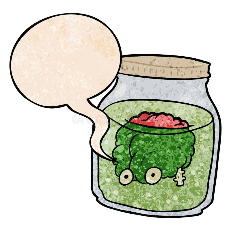 A creative cartoon spooky brain floating in jar and speech bubble in retro texture style