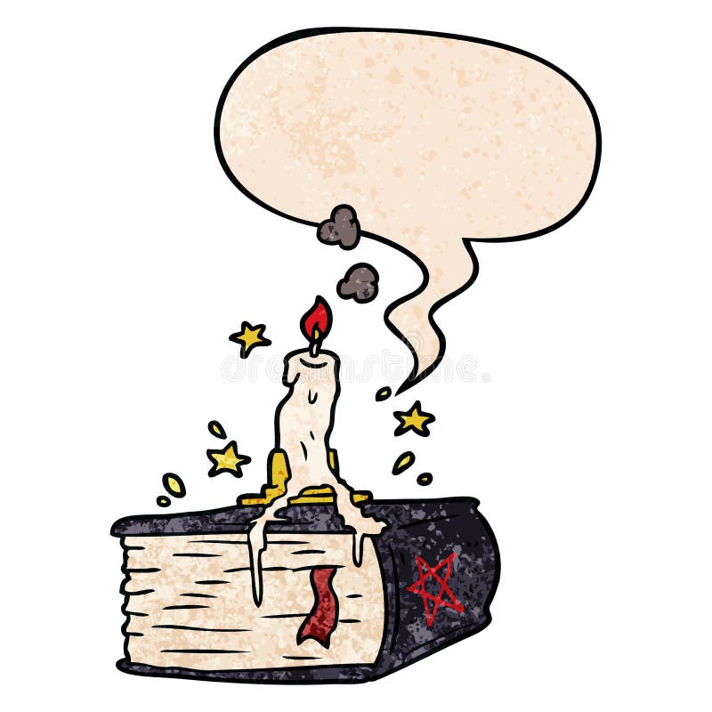 A creative cartoon spooky spellbook and dribbling candle and speech bubble in retro texture style