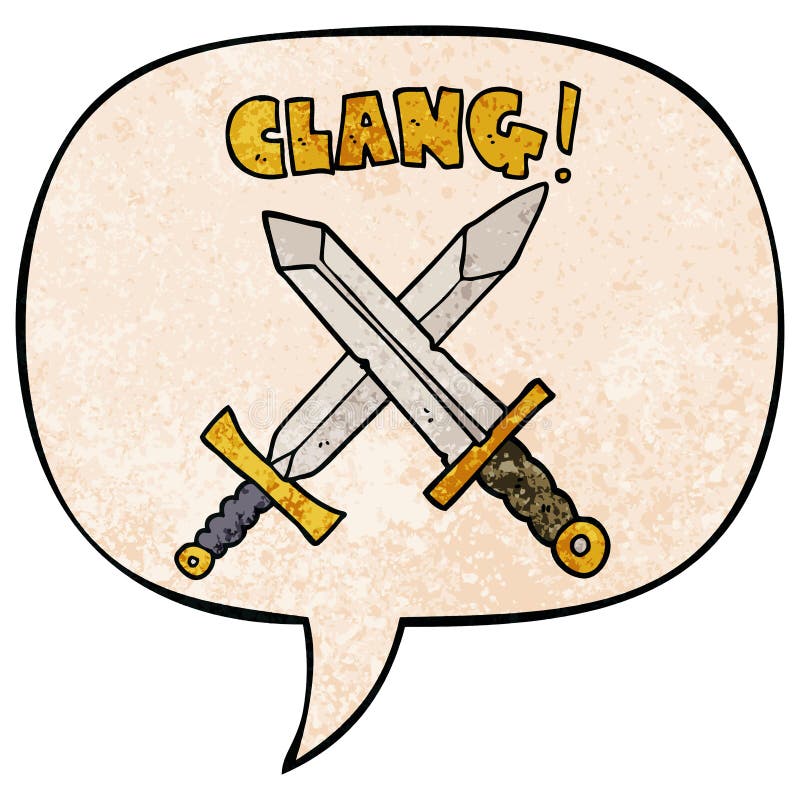 A creative cartoon sword fight and speech bubble in retro texture style