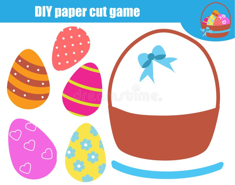 Creative children educational game. Paper cut activity. Make Easter basket eggs with glue and scissors