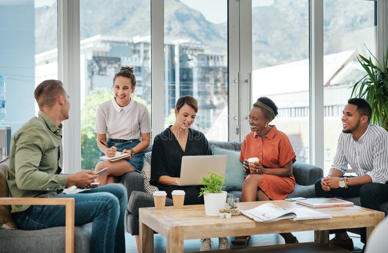 Creative, collaboration and business people with discussion on sofa for design strategy, online campaign and web layout royalty free stock photo