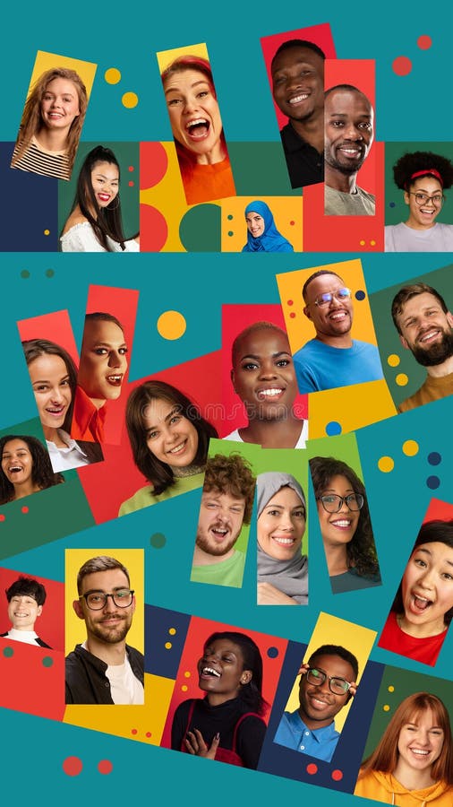Creative collage of diverse people with joyful emotion on abstract colorful geometric background royalty free stock photos