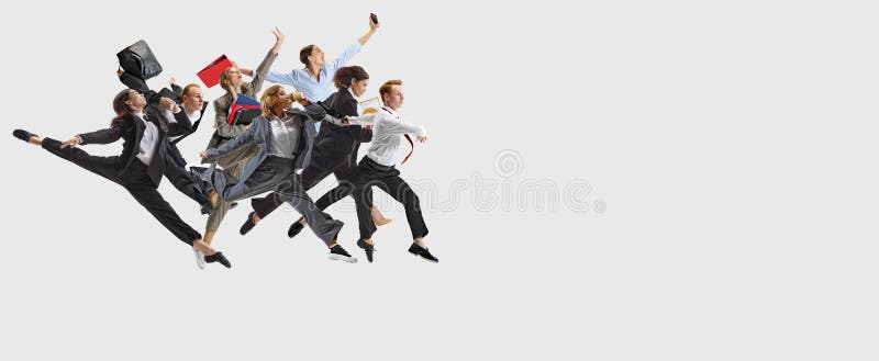 Creative collage. Leap to success. Team, of business professionals in dynamic mid-air poses, dressed in formal attire royalty free stock photos
