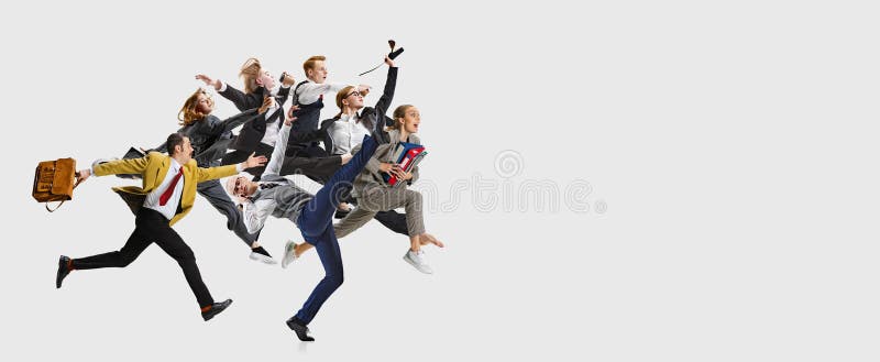 Creative collage. Office workers in formal attire hurry up at work in motion against white background. Motivation. royalty free stock images