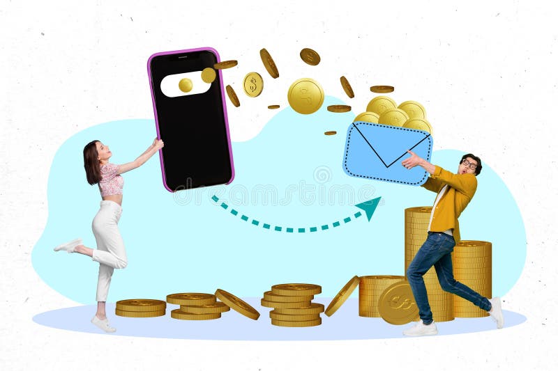 Creative collage picture of two people hold big smart phone sens money coins wireless connection isolated on painted background.