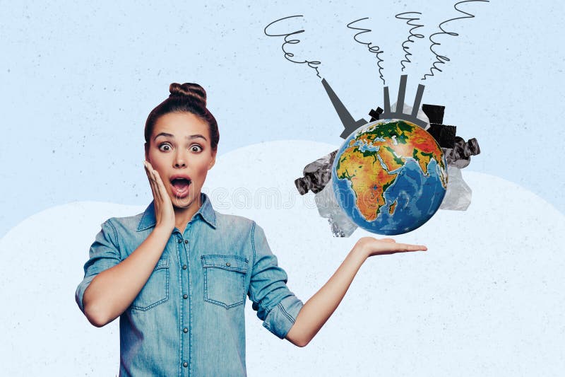 Creative collage picture young astonished girl showing planet earth globe chimney toxic air pollution manufacture nature catastrophe.