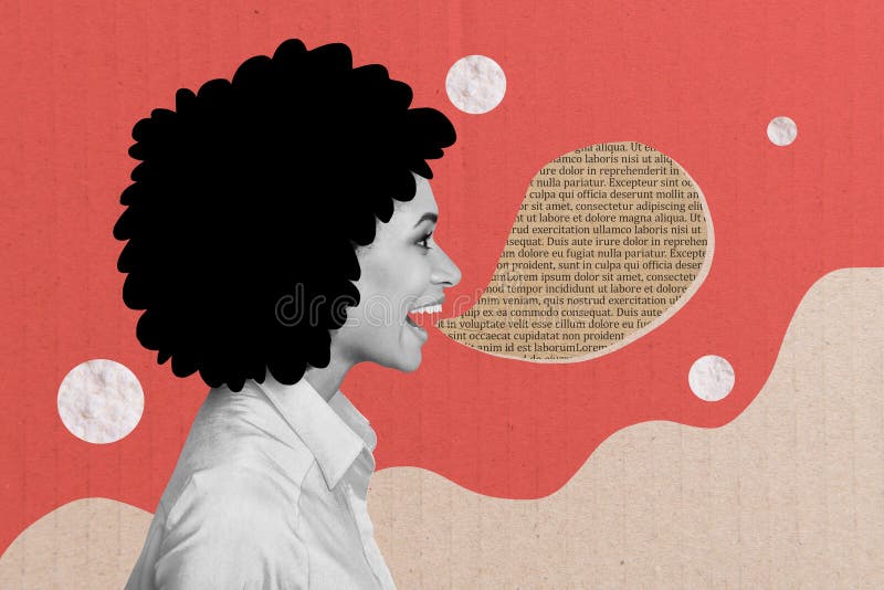 Creative collage profile photo of young journalist woman screaming dialogue bubble newspaper text isolated on red color