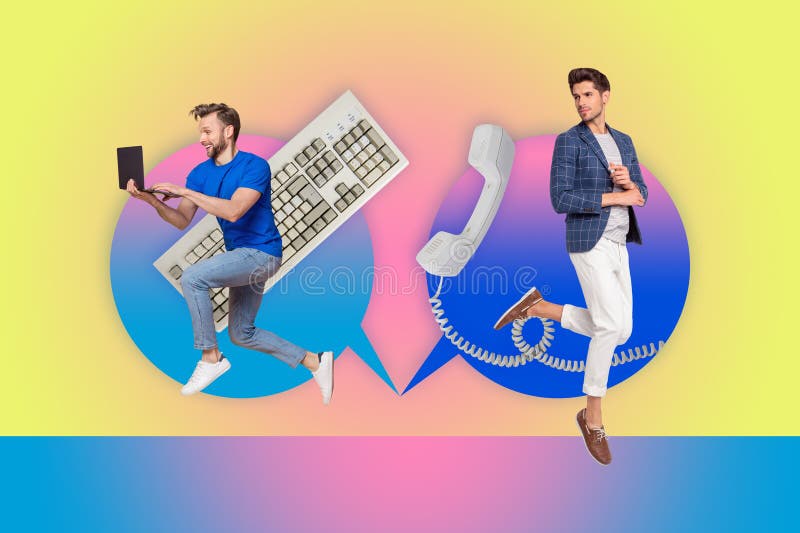 Creative collage showing people person with speech bubble representing fast internet communication blogging internet job royalty free stock image