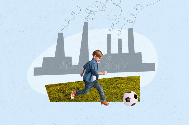 Creative composite photo collage of adorable child play football while industrial plant polluting air  on painted background.