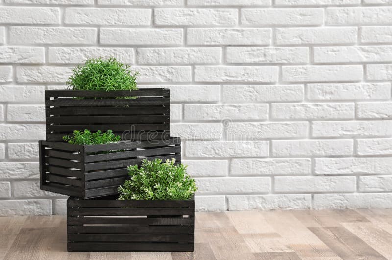 Creative composition of decorative wooden crates with houseplants near brick wall, space for text