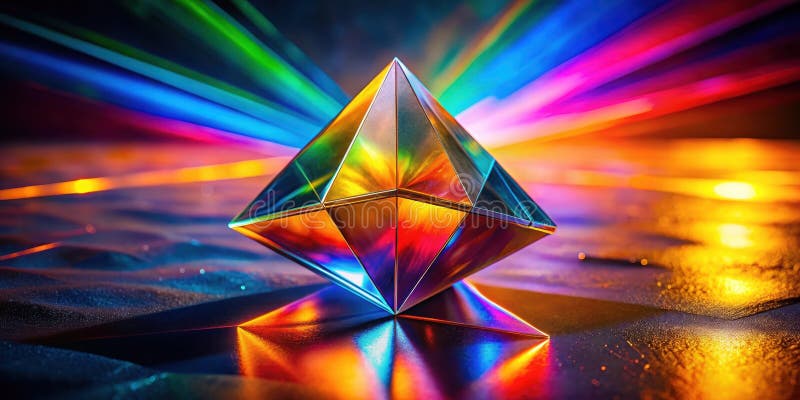 Illuminated geometric prism reflecting vivid rainbow hues on a dark reflective surface. Generative AI vector illustration