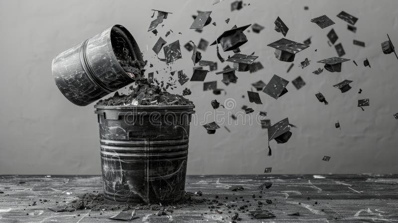 Creative Concept Of Graduation Caps Exploding From A Bucket Stock Creative Concept Of Graduation Caps Exploding From A Bucket Stock
