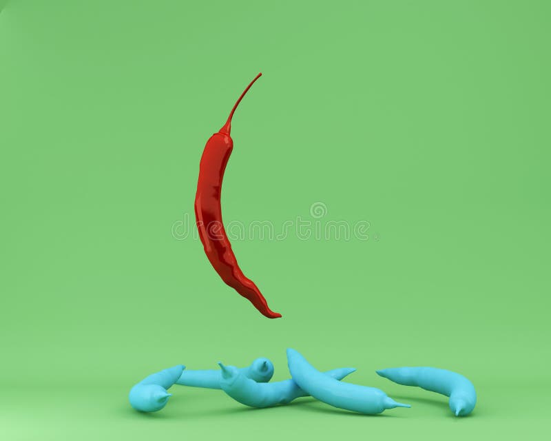 Creative Concept : Outstanding red pepper floating with different blue peppers on green background. minimal food idea concept. stock photos Creative Concept : Outstanding red pepper floating with different blue peppers on green background. minimal food idea concept. stock photos