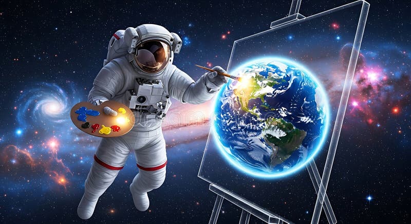 Astronaut Painting Earth in Space, Creative Concept royalty free illustration