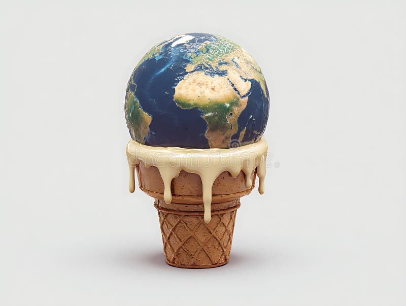 Creative conceptual image of planet earth melting like ice cream in a cone representing global warming impact royalty free illustration