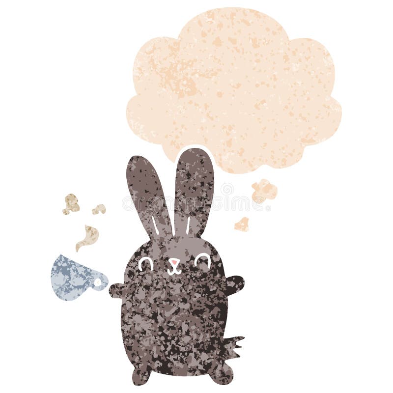 A creative cute cartoon rabbit with coffee cup and thought bubble in retro textured style