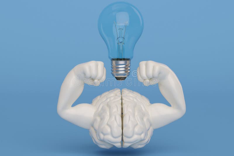 Creative 3D illustration strong muscle brain and light bulb stock illustration Creative 3D illustration strong muscle brain and light bulb stock illustration