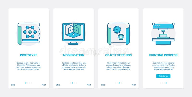 Creative 3d modelling process, line scale modification UX, UI mobile app page screen set vector illustration