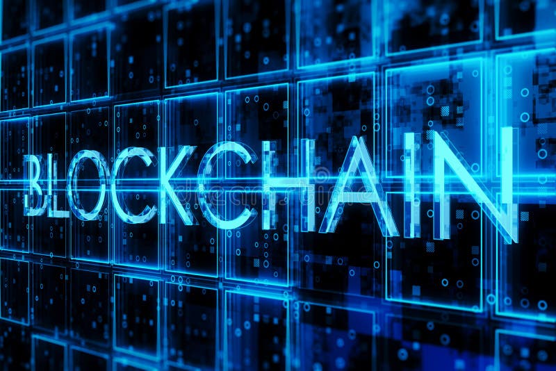 Creative dark blue cubes background with blockchain text hologram. Technology, bigdata and information concept. royalty free illustration