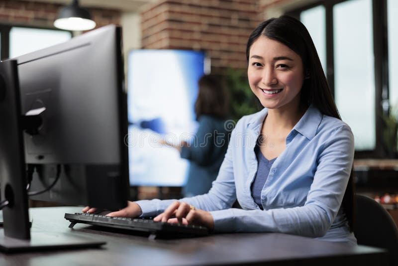 Creative department team leader developing digital art and professional 3D products while looking at camera. royalty free stock photo