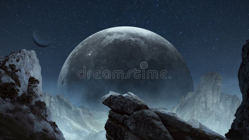 Creative design for wallpaper, background, poster. Giant moon over starry sky at night. Mountains, rock landscape. Dark