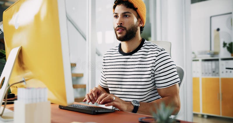 Creative, designer or man on computer in startup for artistic project, digital media or video editing. Producer, male editor or research for content creation, post production or filmmaking process. Computer editing stock images, royalty-free photos and pictures