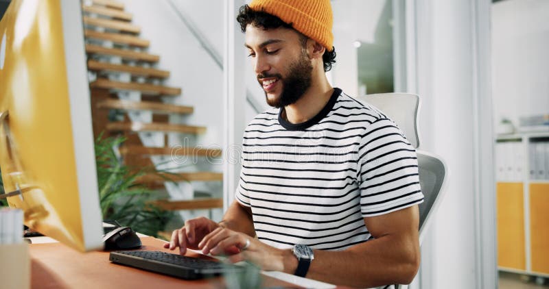 Creative, designer or man on computer typing for artistic project, digital media or video editing. Producer, editor or research in startup for content creation, post production or filmmaking process. Computer editing stock images, royalty-free photos and pictures