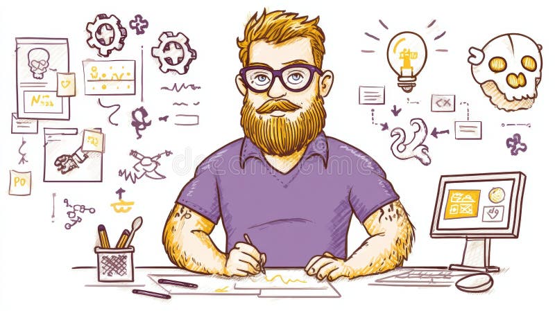 Creative Designer Working on Digital Illustration with Tools and Ideas in a Modern Workspace stock illustration