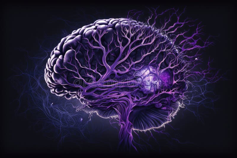 Creative development of abstract art of brain in purple tones stock illustration