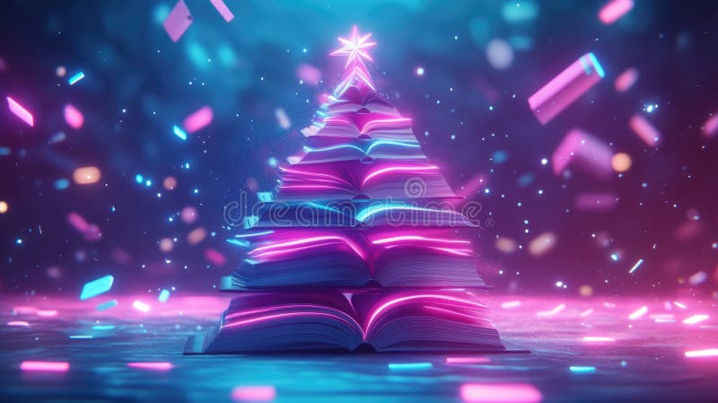 Creative display of a christmas tree made of books with floating pages and modern lighting stock images
