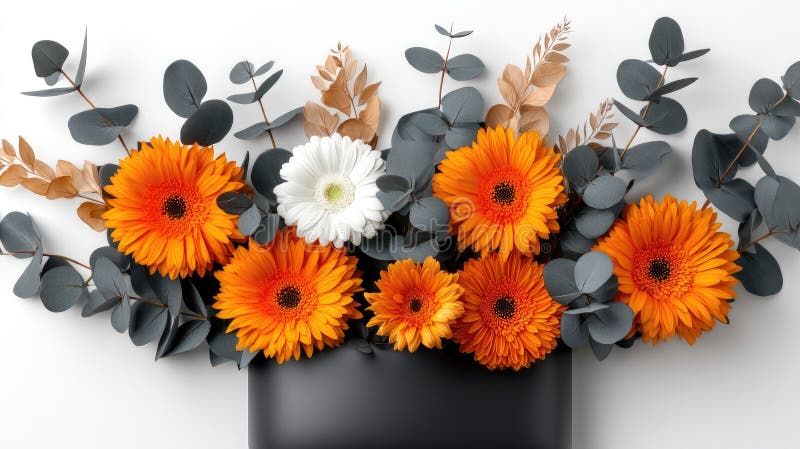 A creative display of floral elements and vibrant autumn leaves arranged harmoniously against a neutral background, showcasing royalty free stock photography